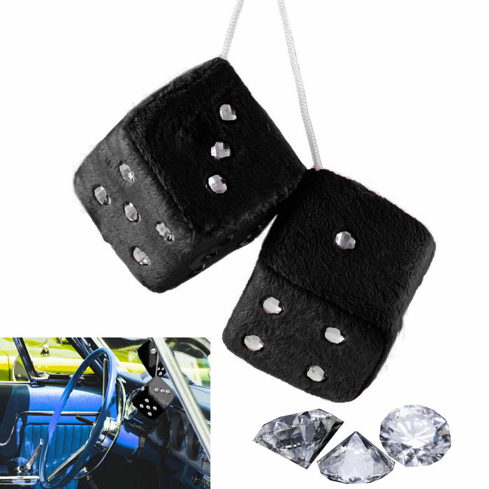 1 Pair Plush Hanging Black Fuzzy Dice Diamonds Bling Car Decor Auto Mirror 2.5"