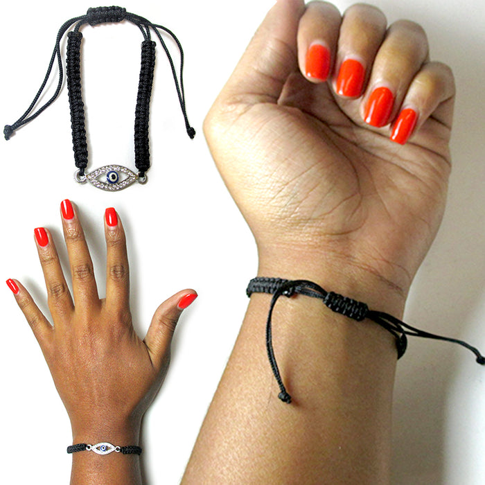 Macrame Evil Eye Lucky Charm Turkish Bracelet Nazar Hamsa Jew Kabbalah CZ Black