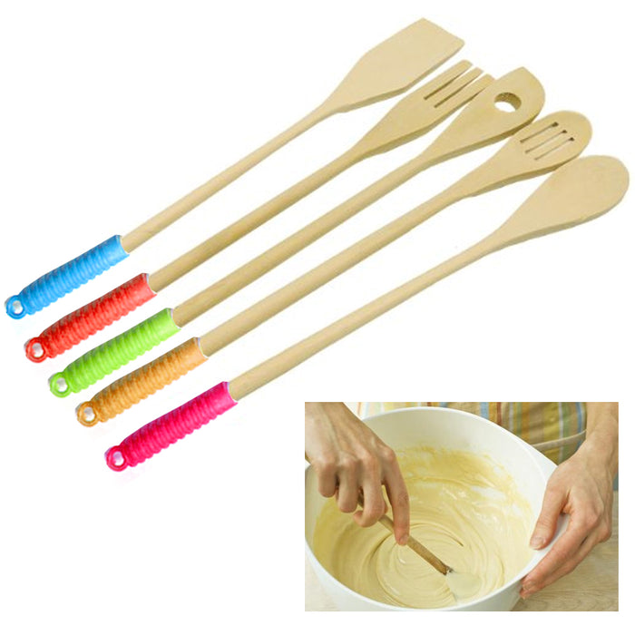 5 Pc Set Wooden Kitchen Tools Cooking Utensil Spatula Spoon Fork Chef Serving