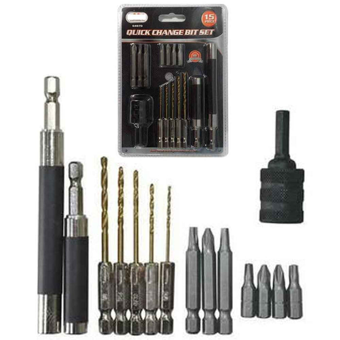 Quick Change Drill Bit Set 15 Pc Hex Shank Hold Magnetic Extension Screw Guides