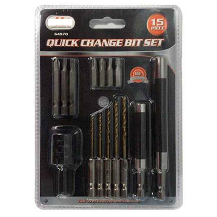 Quick Change Drill Bit Set 15 Pc Hex Shank Hold Magnetic Extension Screw Guides