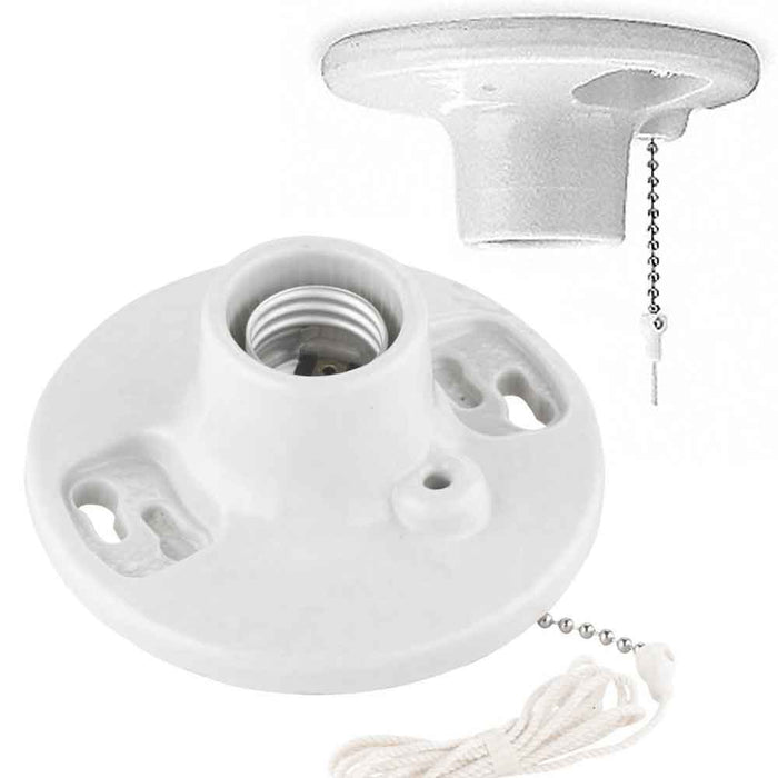 1 Porcelain Ceiling Lamp Holder With Pull Chain White Bulb Mount Light Fixture