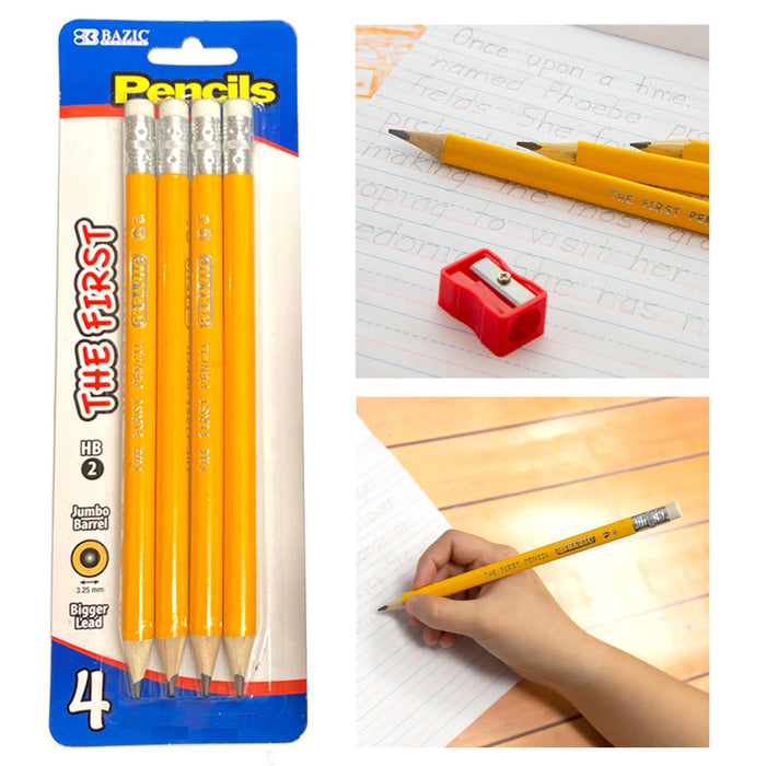4 Pc First Jumbo Yellow Pencil Premium Wooden School Supplies Arts Crafts Bazic