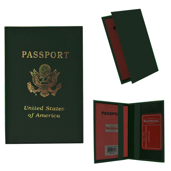 Genuine Leather Passport Holder Cover Wallet Travel Case Emblem Gold Dark Green