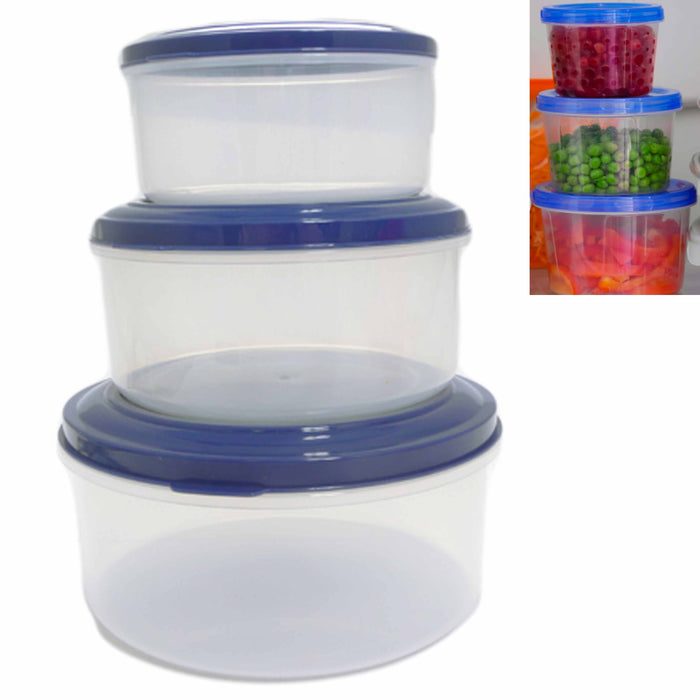 3 Pc Round Food Storage Containers Assorted Sizes Microwaveable Plastic W/ Lids