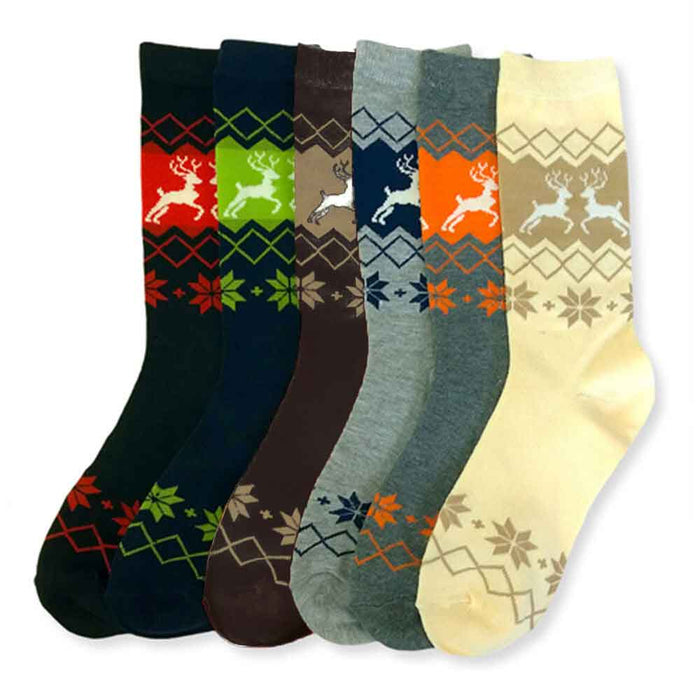6 Pairs Holiday Fashion Crew Socks Winter Deer Pattern Casual Size 9-11 Unisex