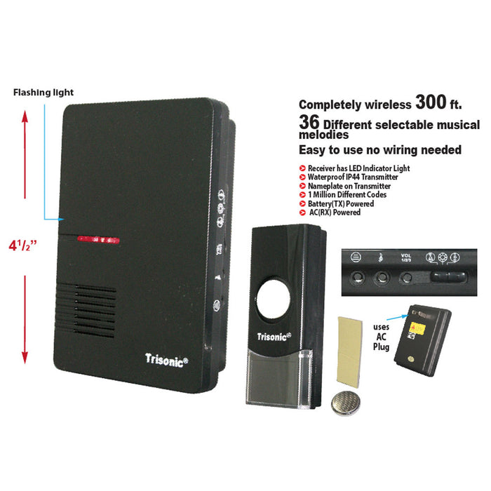 Wireless Door Bell Chime Battery Operated Powered 36 Musical Melodies LED Light