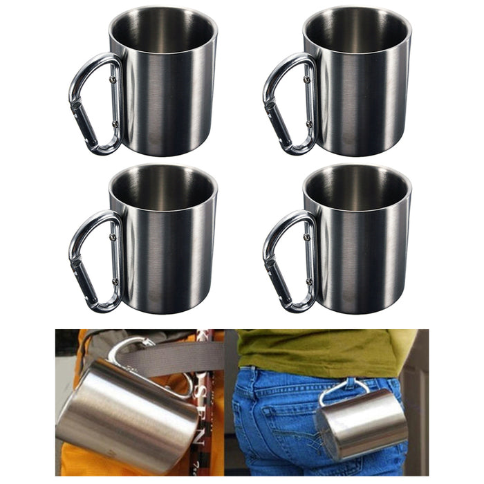 4X Stainless Steel Camping Mug Portable Cup 8oz Hook Handle Carabiner Backpack