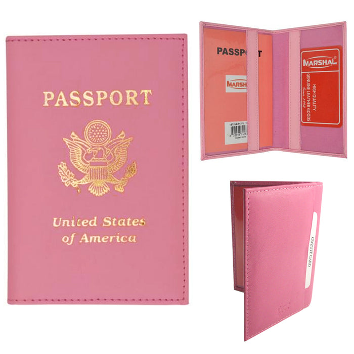 PINK LEATHER PASSPORT COVER HOLDER WALLET CASE TRAVEL NEW US EMBLEM GOLD GIFT !!