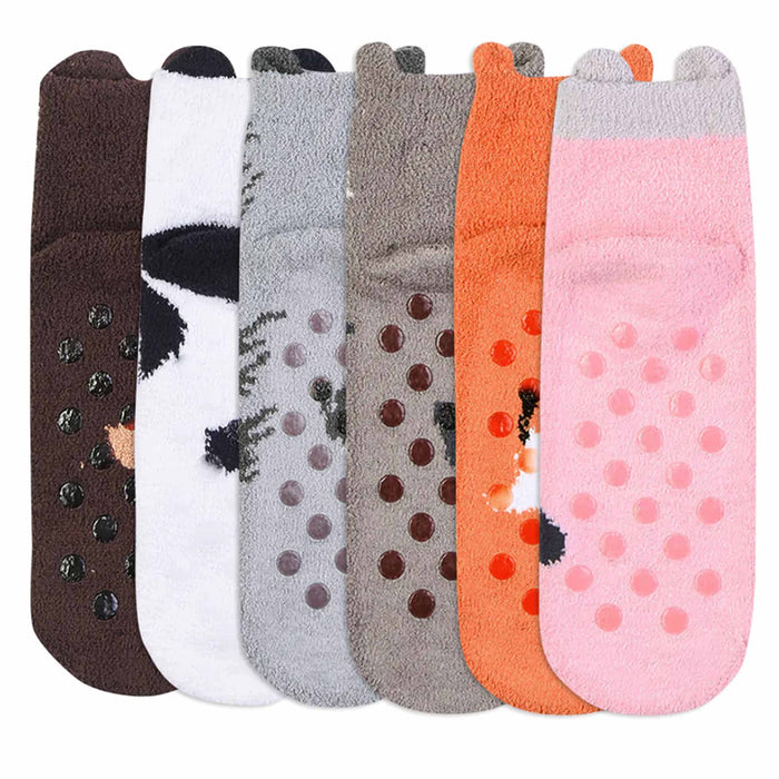 4 Pairs Girl's Ladies Cute Ankle Socks Cozy Fuzzy Animal Slipper Non-Skid 6-8