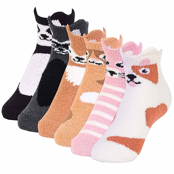 4 Pairs Girl's Ladies Cute Ankle Socks Cozy Fuzzy Animal Slipper Non-Skid 6-8