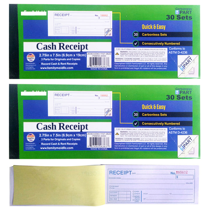 3 PC Carbonless Cash Receipt Book 3 Part 30 Sets Rent Record Invoice 2.75" x 7.5"