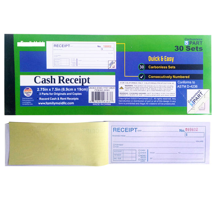 4 X Money Rent Cash Receipt Book 3 Part 30 Sets Carbonless Invoice 2.75" x 7.5"