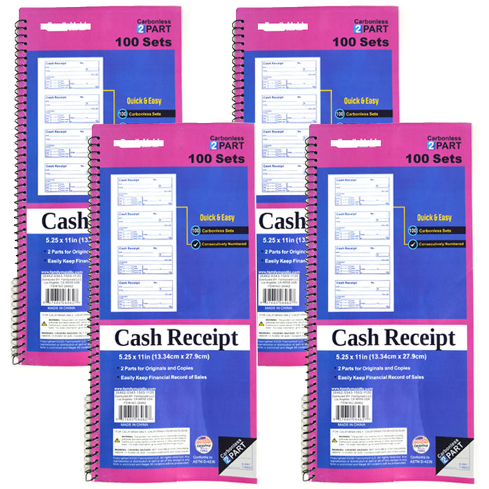 4 X Cash Receipt Book Invoice 2 Part 50 Sets Rent Record Carbonless 5.25" x 11"