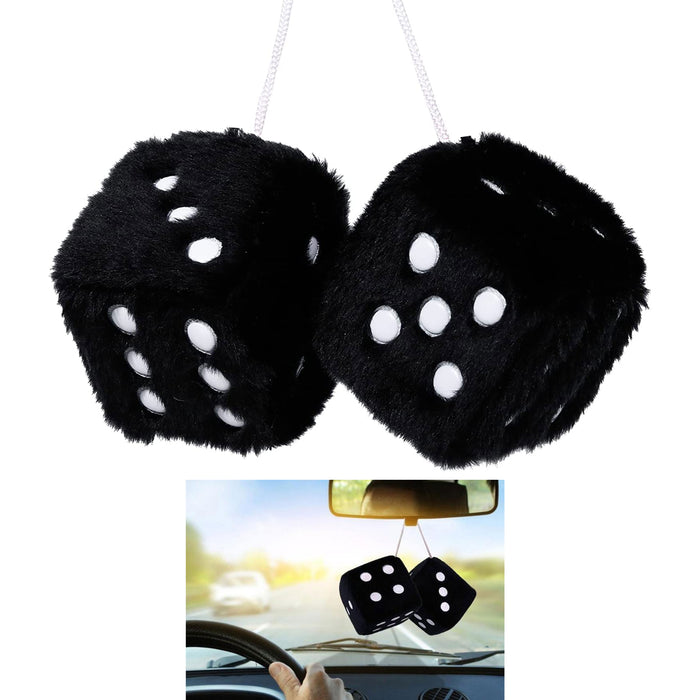 thumbnail image 2 of White Dice Hanging Mirror Charm - Fluffy Furry Black Spot Dice For Car, Caravan, Home 2 of 5