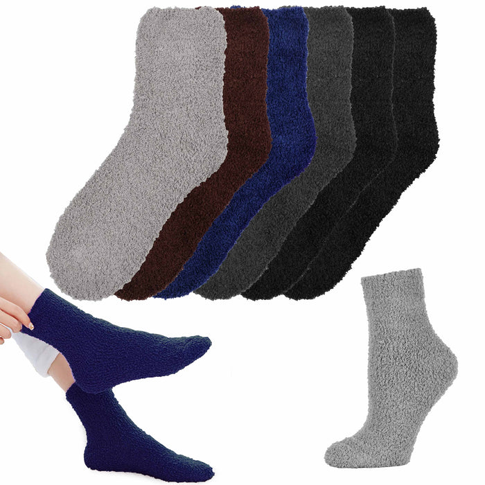 6 Pairs Plush Slipper Socks Men's Ladies Womens Fuzzy Cozy Warm Crew Cut 9-11