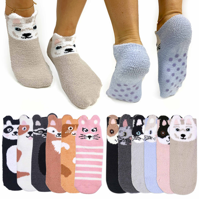 4 Pairs Girl's Ladies Cute Ankle Socks Cozy Fuzzy Animal Slipper Non-Skid 6-8