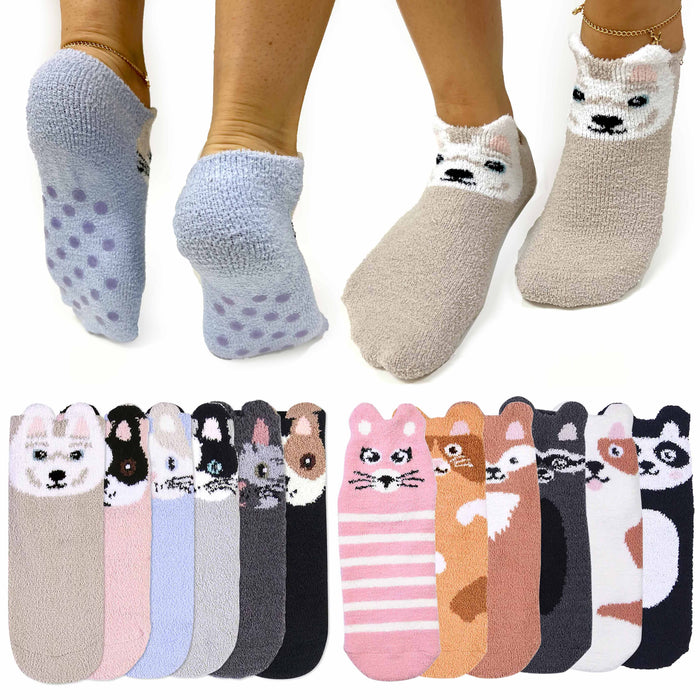 4 Pairs Girl's Ladies Cute Ankle Socks Cozy Fuzzy Animal Slipper Non-Skid 6-8