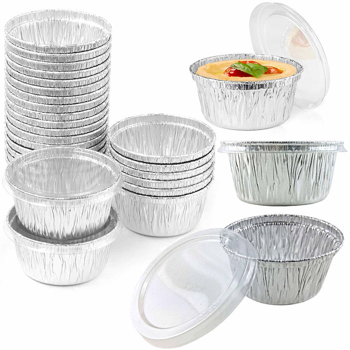 50 Ct 4oz Ramekin Aluminum Foil Cup With Clear Lids Tin Pan Baking Disposable