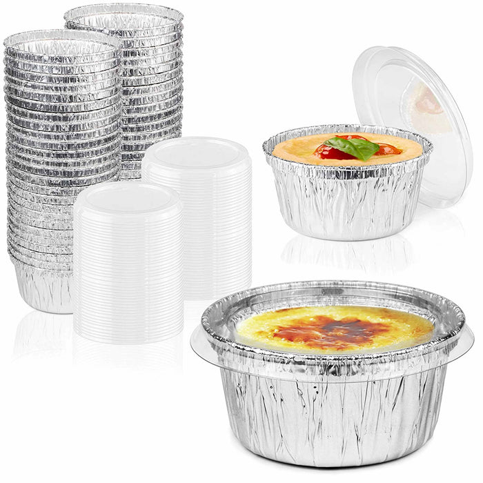 100 Ct 4oz Disposable Ramekin Aluminum Foil Baking Cups With Clear Lids Tin Pan