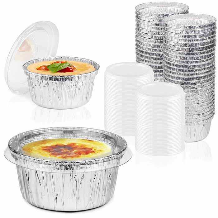 100 Ct 4oz Disposable Ramekin Aluminum Foil Baking Cups With Clear Lids Tin Pan