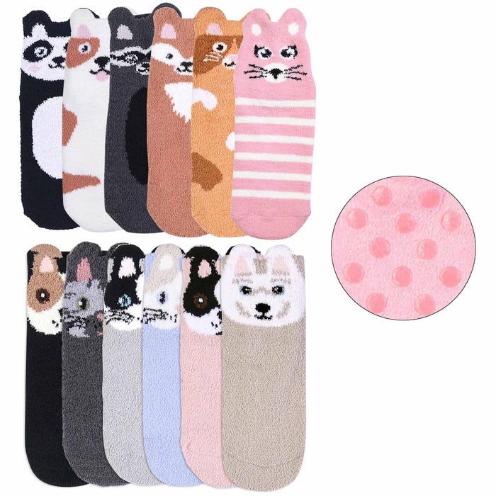 4 Pairs Girl's Ladies Cute Ankle Socks Cozy Fuzzy Animal Slipper Non-Skid 6-8