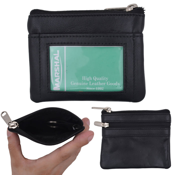 1 Coin Purse Change Pouch Genuine Leather Zippered Wallet ID Card Holder Black
