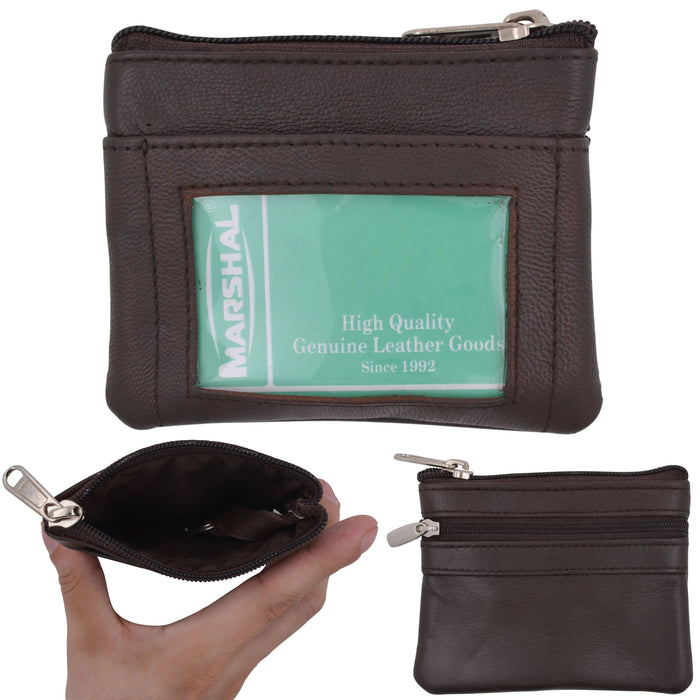 1 Brown Genuine Leather Coin Purse Change Pouch Zippered ID Card Holder Wallet