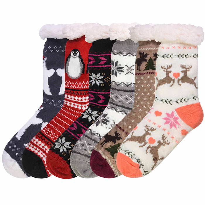 4 Pairs Winter Slippers Socks Women Men Knit Sherpa Christmas Thermal Cozy 9-11