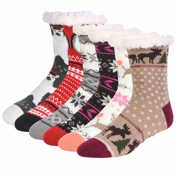4 Pairs Winter Slippers Socks Women Men Knit Sherpa Christmas Thermal Cozy 9-11