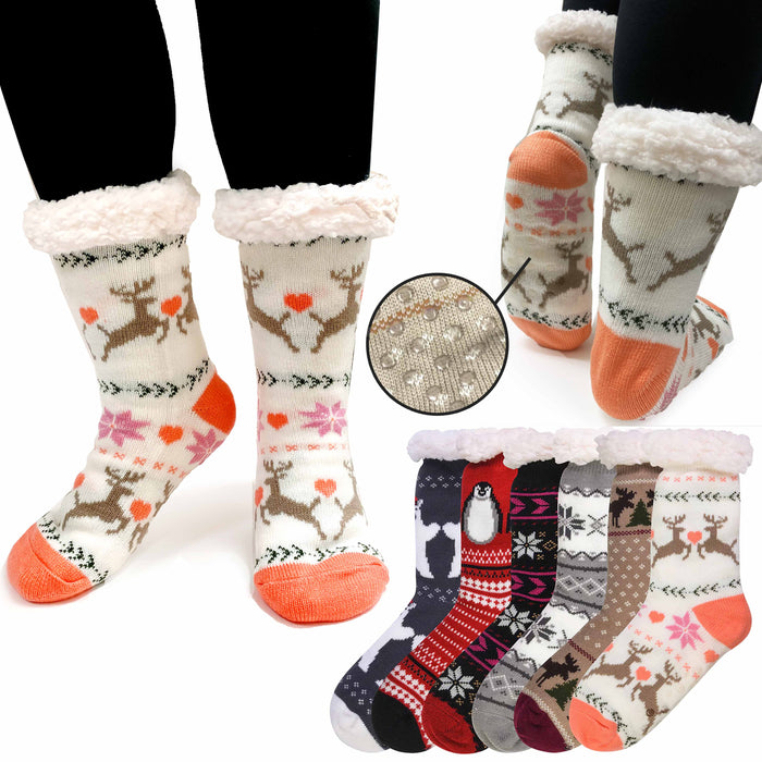 2 Pairs Slipper Socks Mens Womens Cozy Sherpa Fur Knit Thermal Winter Grip 9-11
