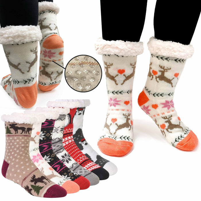 4 Pairs Winter Slippers Socks Women Men Knit Sherpa Christmas Thermal Cozy 9-11