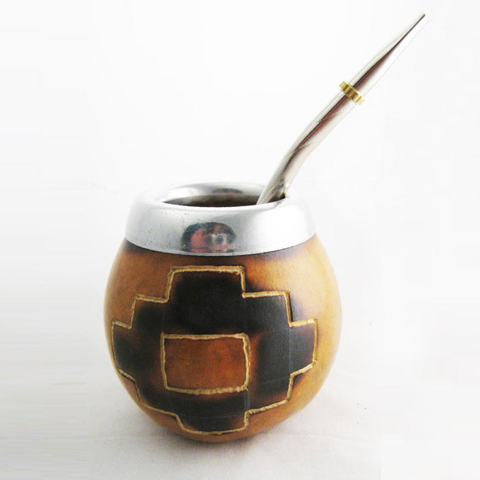 PAMPA ARGTENTINA CROSS CARVED MATE GOURD FOR YERBA OR TEA WITH STRAW BOMBILLA HANDMADE NATURAL 6952