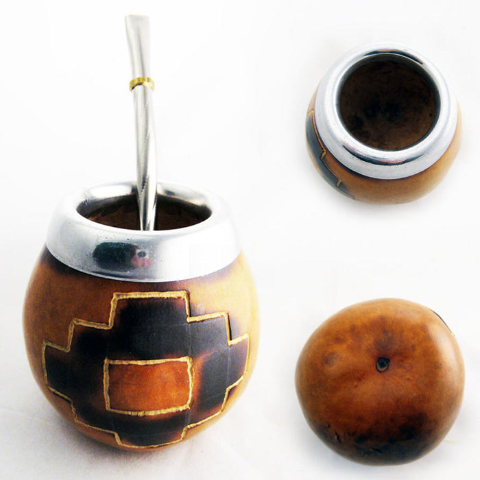 PAMPA ARGTENTINA CROSS CARVED MATE GOURD FOR YERBA OR TEA WITH STRAW BOMBILLA HANDMADE NATURAL 6952