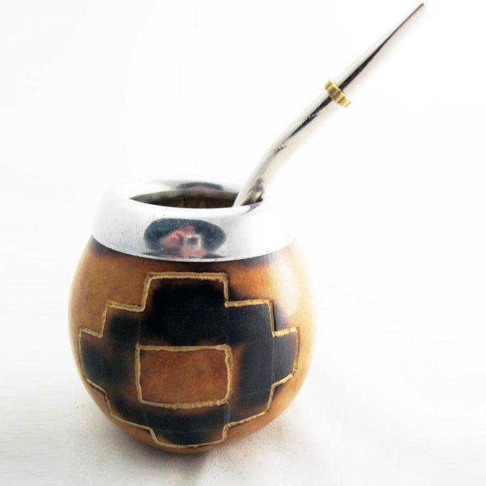 PAMPA ARGTENTINA CROSS CARVED MATE GOURD FOR YERBA OR TEA WITH STRAW BOMBILLA HANDMADE NATURAL 6952