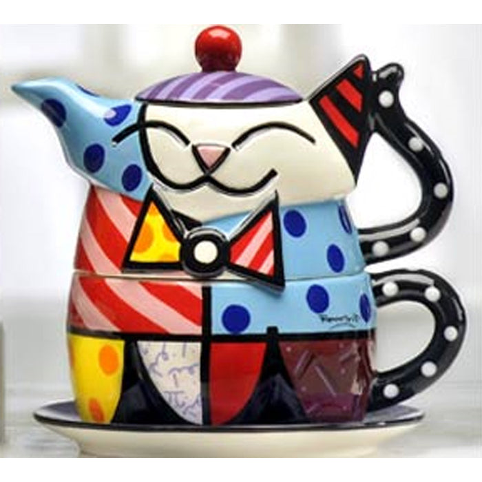 Romero Britto Ceramic Teapot Plate Cup Lid Set Cat Design Authentic Novelty Gift