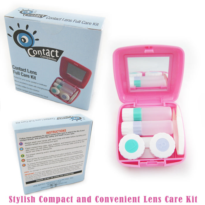 Travel Contact Lens Case Kit Compact Mirror Eye Care Saline Solution Bottle Pink