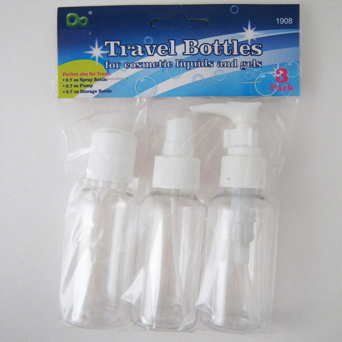 3 Travel Bottles Clear Plastic Containers Spray Pump Storage Jars 2.7oz Carry On